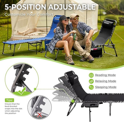 FUNDANGO Chaise Lounge Chair Outdoor, 5-Position Folding Tanning Chair with Detachable Side Table & Pillow, 180° Lay Flat Portable Beach, Heavy Duty U-Frame for Patio, Pool, Lawn, 265lbs (Black)