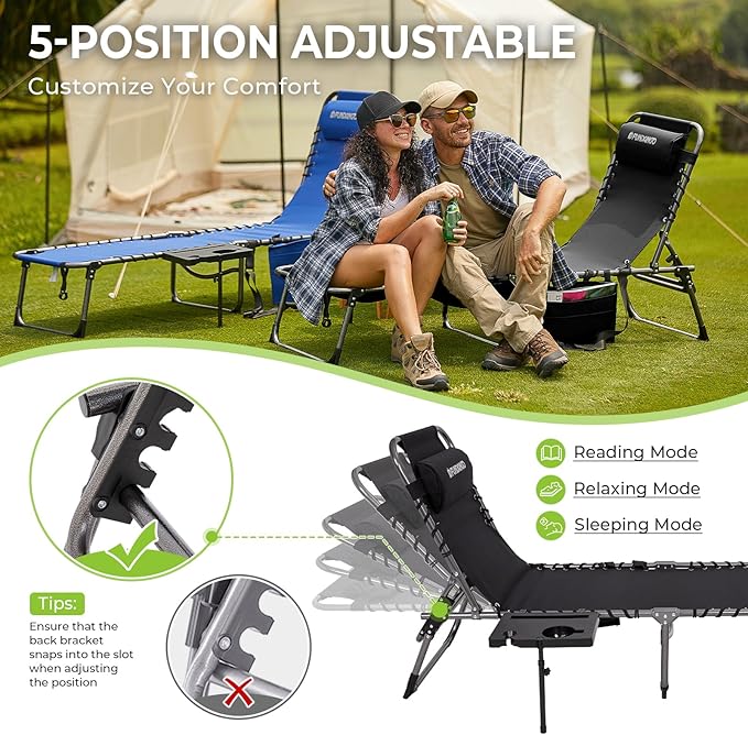 FUNDANGO Chaise Lounge Chair Outdoor, 5-Position Folding Tanning Chair with Detachable Side Table & Pillow, 180° Lay Flat Portable Beach, Heavy Duty U-Frame for Patio, Pool, Lawn, 265lbs（Black 2 pack）