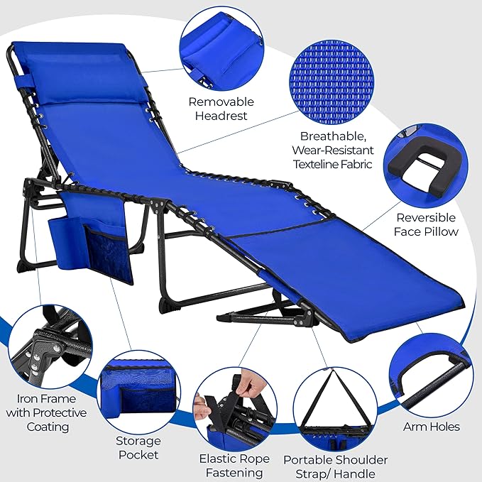 Yaheetech 22.4" Tanning Chair with Face Hole, Adjustable 5-Position Folding Chaise Lounge Chairs, Outdoor Lounge Chairs for Lawn, Beach, Sunbathing, Blue