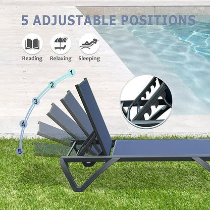 Domi Pool Lounge Chair Set of 3, Aluminum Outdoor Chaise Lounge with Side Table,5 Position Adjustable Backrest and Wheels, Outdoor Lounge Chairs for Pool, Garden, Beach, Backyar, Navy Blue