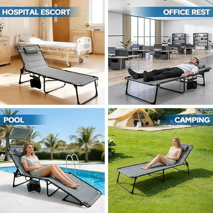 Outdoor Folding Lounge Chair with Removable Canopy & Pillow, Padded Reclining Chaise Lounge Chair 5-Position Heavy Duty Beach Chair for Patio, Beach, Pool, Camping