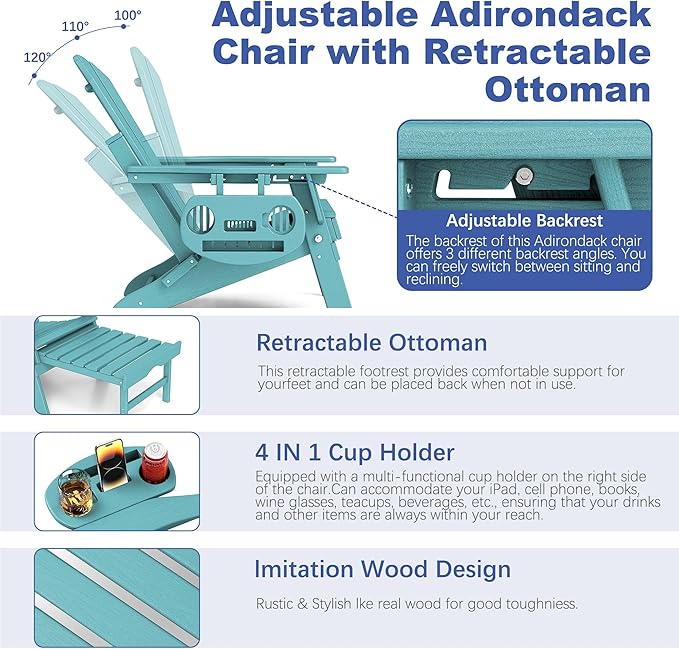 FOOWIN Adirondack Chair with Retractable Ottoman,HDPE Folding Adjustable Adirondack Chair w/4 in 1 Cup Holder Trays,All-Weather Resistant Fire Pit Chair Set of 4 Lake Blue