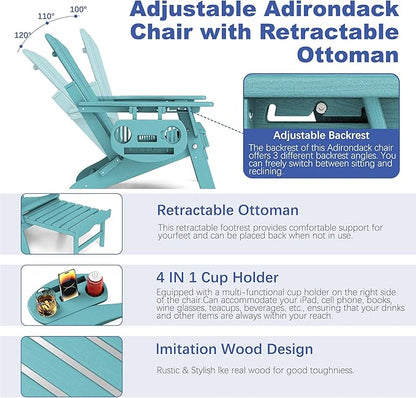 FOOWIN Adirondack Chair with Retractable Ottoman,HDPE Folding Adjustable Adirondack Chair w/4 in 1 Cup Holder Trays,All-Weather Resistant Fire Pit Chair Set of 4 Lake Blue