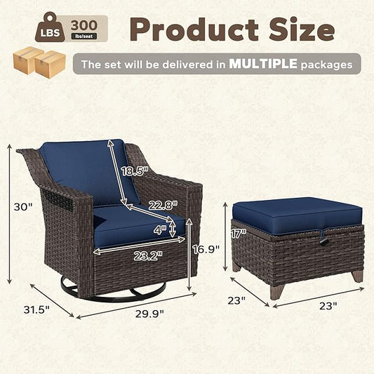 4 Pieces Patio Conversation Furniture Set - 2 Swivel Chairs, 2 Ottomans, Outdoor Wicker Furniture with Removable Cushions for Porch, Balcony, Sunroom (Blue)