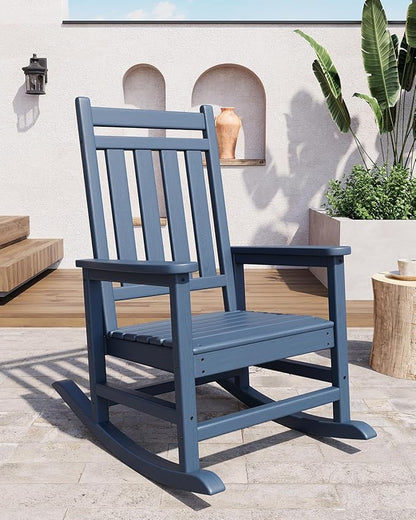 GarveeHome Adirondack Outdoor Rocking Chair, All Weather HDPE Plastic Patio Rocker Chair with Wide Armrests, Classic Fire Pit Chair for Porch, Deck, Lawn, Garde, 380LBs, Easy to Install, Navy Blue
