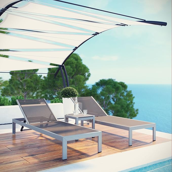 Modway Shore Aluminum Textilene® Mesh Outdoor Patio 3-Piece Poolside Chaise Lounge Chair and Side End Table Set in Silver Gray