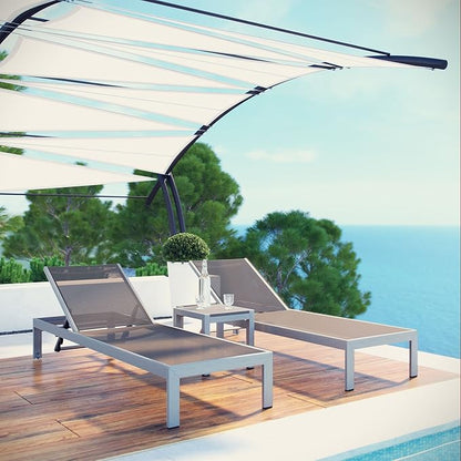 Modway Shore Aluminum Textilene® Mesh Outdoor Patio 3-Piece Poolside Chaise Lounge Chair and Side End Table Set in Silver Gray