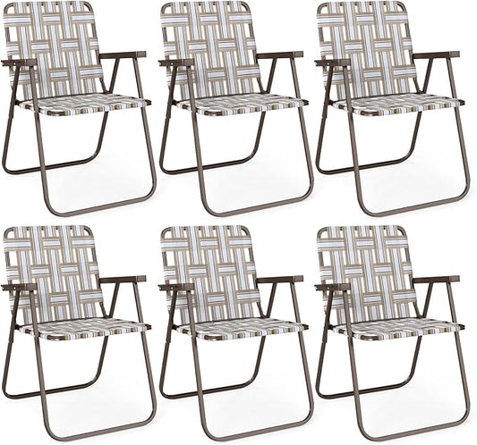 GYMAX Lawn Chair Folding, Webbed Beach Lounge Chairs Set with Highback, Outdoor Portable Lightweight Camping Dinning Chair for Patio, Lawn, Poolside, Sports, Garden, Backyard (6,Coffee)