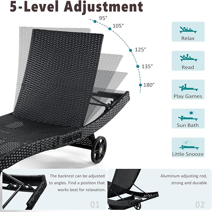Polibi 80" Patio Wicker Chaise Lounge Chairs Set of 2 - Photo 5
