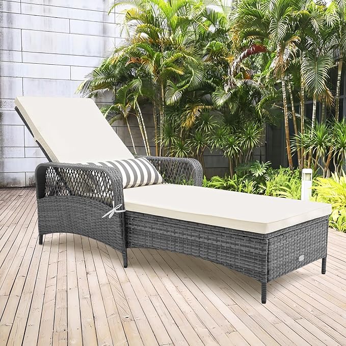 Tangkula Wicker Chaise Lounge Outdoor, Patio Rattan Reclining Chaise with 6-Gear Adjustable Backrest, Thick Padded Cushion & Removable Lumbar Pillow, Pool Lounge Chairs for Outside Balcony Backyard