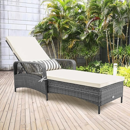 Tangkula Wicker Chaise Lounge Outdoor, Patio Rattan Reclining Chaise with 6-Gear Adjustable Backrest, Thick Padded Cushion & Removable Lumbar Pillow, Pool Lounge Chairs for Outside Balcony Backyard