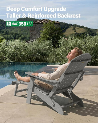 YEFU Adirondack Chair with Retractable Ottoman: Folding Adirondack Chairs Set of 2-5-Level Adjustable Backrest with Footrest - Fire Pit Chairs - Cup Holder - Outdoor Plastic Chair for Patio