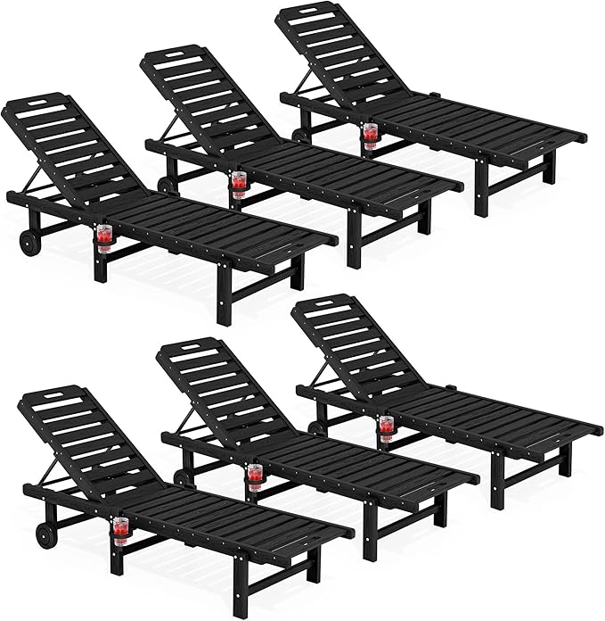SERWALL Outdoor Chaise Lounge Set of 6, HDPE Pool Lounge Chair with 5-Position Adjustable Backrest - Photo 1