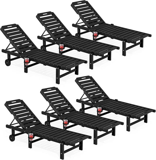 SERWALL Outdoor Chaise Lounge Set of 6, HDPE Pool Lounge Chair with 5-Position Adjustable Backrest, Patio Lounger with Rolling Wheels & Cup Holder for Pool, Black
