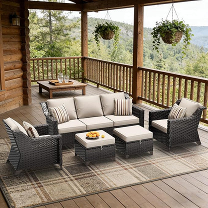 5 Pieces Patio Conversation Furniture Set - 1 Sofa, 2 Armchairs, 2 Ottomans, Outdoor Wicker Furniture with Removable Cushions for Porch, Balcony, Sunroom (Beige)
