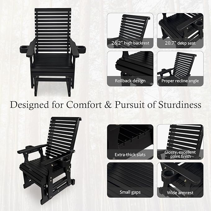 Fortune Candy Wooden Patio Glider for One Person, with High Backrest and Deep Contoured Seat, Solid Fir Wood - Photo 5