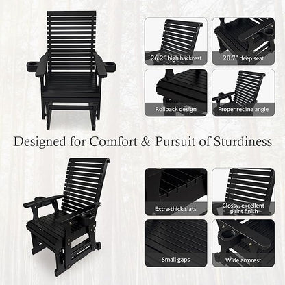 Fortune Candy Wooden Patio Glider for One Person, with High Backrest and Deep Contoured Seat, Solid Fir Wood, Heavy Duty 600 LBS (Black, 1-Seater)