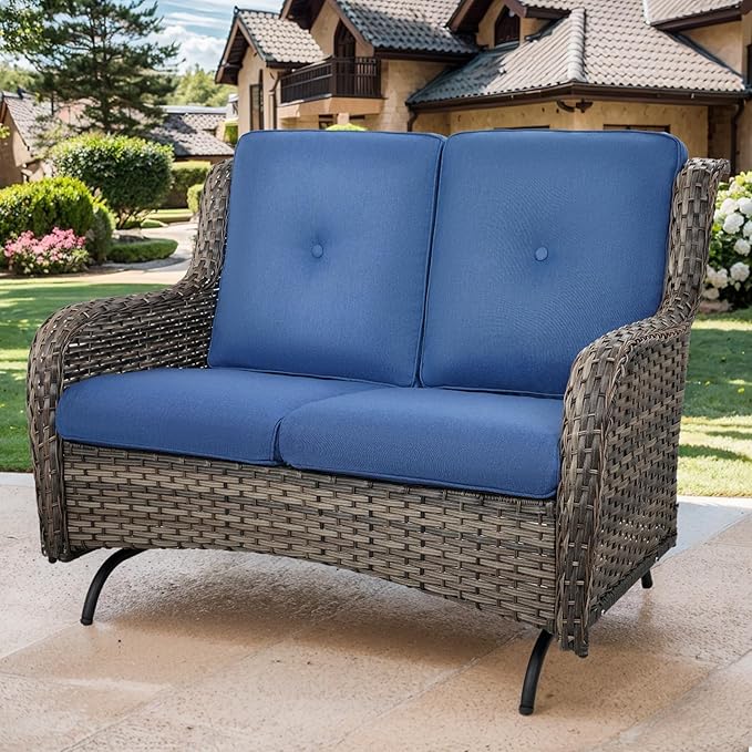 Patio Loveseat Glider Set, Resin Wicker Loveseat Glider with 4 Swivel Patio Chiars Coffee Table, 6 Piece Patio Conversation Set PE Rattan Loveseat Set, Grey Wicker|Blue Cushions