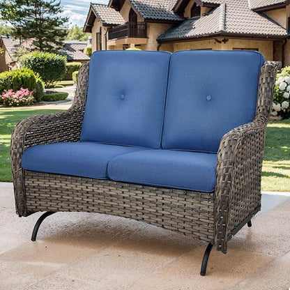 Patio Loveseat Glider Set, Resin Wicker Loveseat Glider with 4 Swivel Patio Chiars Coffee Table, 6 Piece Patio Conversation Set PE Rattan Loveseat Set, Grey Wicker|Blue Cushions