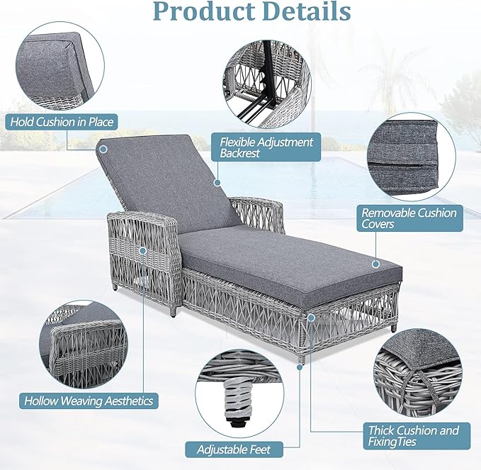 Outdoor Long Reclining Chaise, Wicker Lounge with Armrests, Patio Adjustable Recliner with Soft Removable Cushions, All Weather Rattan Chaise Lounge for Poolside & Garden (Gray)