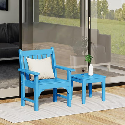 Costaelm Outdoor Patio Table and Chairs Set of 2, 2-Piece HDPE Garden Chair with Square Adirondack Side Table Set, Porch Chairs Coffee Table for Outside Porch Backyard, Pacific Blue