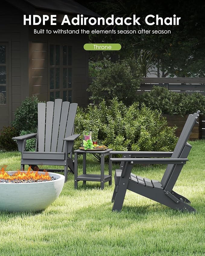 GREENVINES Folding-Adirondack-Chairs-Set-of-2 | HDPE Plastic | Throne Series | Fire Pit Chair | All Weather | for Outdoor Patio Deck Backyard Poolside | Grey