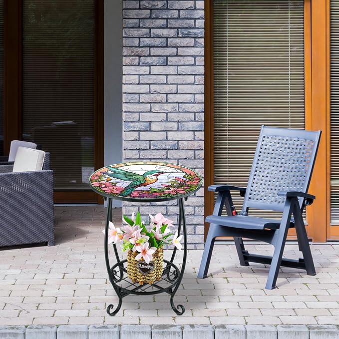 Outdoor Side Table Round Small Mosaic Patio Accent Indoor End Plant Metal Coffee Tea Table for Yard Porch Garden Patio - Photo 6