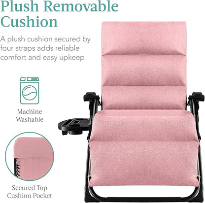 Best Choice Products Oversized Zero Gravity Chair, Folding Outdoor Patio Recliner, XL Anti Gravity Lounger w/Removable Cushion, Cup Holder, Side Tray, 350lb Capacity - Pink