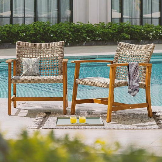 Idzo Liberte 500lbs Capacity Acacia Outdoor Club Chairs Set of 2, FSC Teak Finish Wood Upgraded Patio Furniture Sets with Upgraded 2000Hours UV Resistant Wicker