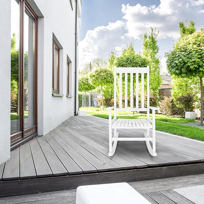 Outdoor Rocking Chair Wood Patio Rocker Porch Solid Lounge Chair with High Back and Armrest,Leisure Chair Outdoor Furniture for Backyard,Poolside,250 Lbs Support,Mecedora De Exterior,White 1 Pcs