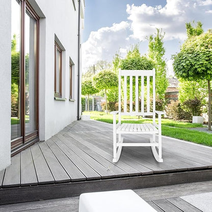 Outdoor Rocking Chair Wood Patio Rocker Porch Solid Lounge Chair with High Back and Armrest,Leisure Chair Outdoor Furniture for Backyard,Poolside,250 Lbs Support,Mecedora De Exterior,White 1 Pcs