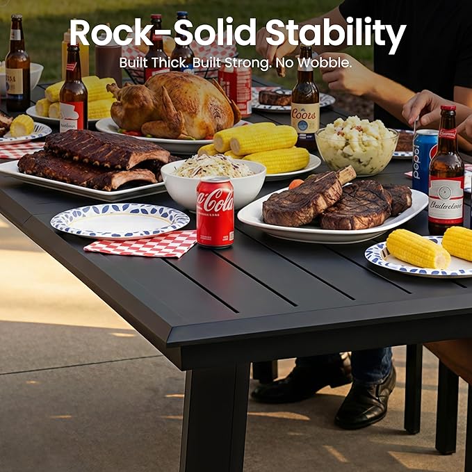 118" Aluminum Patio Dining Table with Umbrella Hole, Rectangle All-Weather Outdoor Table for 10 Slatted Design for Lawn - Photo 6
