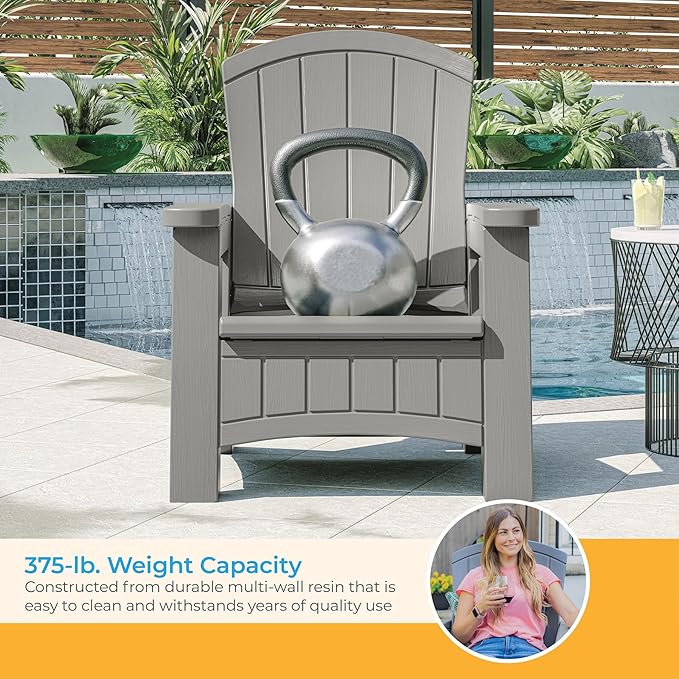 Suncast Outdoor Patio Adirondack Chair with 8 Gallons of Under-Seat Storage, Stylish Faux Wood Outdoor Storage Chair, Dove Gra