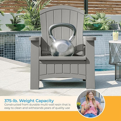 Suncast Outdoor Patio Adirondack Chair with 8 Gallons of Under-Seat Storage, Stylish Faux Wood Outdoor Storage Chair, Dove Gra