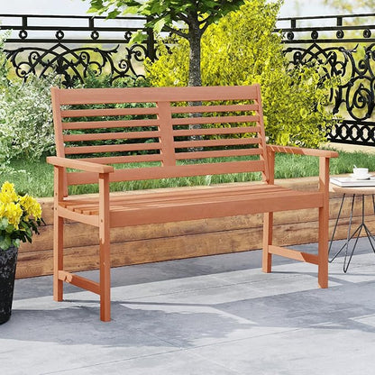 Byroce 2-Person Outdoor Bench, Solid Wood Patio Loveseat with Comfy Backrest & Armrest, Heavy Duty Garden Bench for Outdoors Backyard, Park, Balcony & Front Porch, Teak Oil Rubbed (Horizontal Slat)