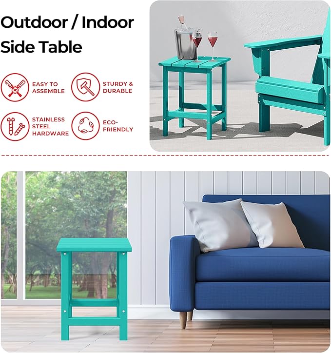 Costaelm Square Outdoor Side Tables, Adirondack Patio Tables for Outside, HDPE Patio End Table Weather Resistant, Balcony Table for Pool, Seaside, Backyard, Porch, Indoor Companion, Turquoise