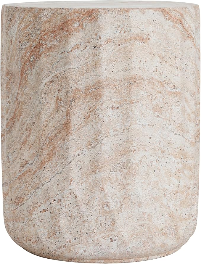 Outdoor Side Table Faux Marble End Table Faux Stone Side Tables Travertine Small Coffee Tables for Indoor Outdoor, Garden Stool Plant Stand for Porch, Backyard Patio, Barrel