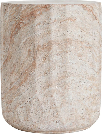 Outdoor Side Table Faux Marble End Table Faux Stone Side Tables Travertine Small Coffee Tables for Indoor Outdoor, Garden Stool Plant Stand for Porch, Backyard Patio, Barrel