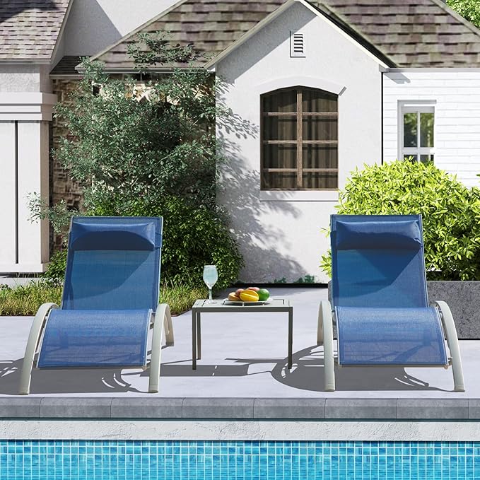 Outdoor Chaise Lounge Set of 3, Aluminum Patio Outdoor Lounge Chair for Beach Pool Sunbathing, Lawn Lounger Recliner Chair with 5 Adjustable Position, Outside Tanning Chairs with Armrest, Blue