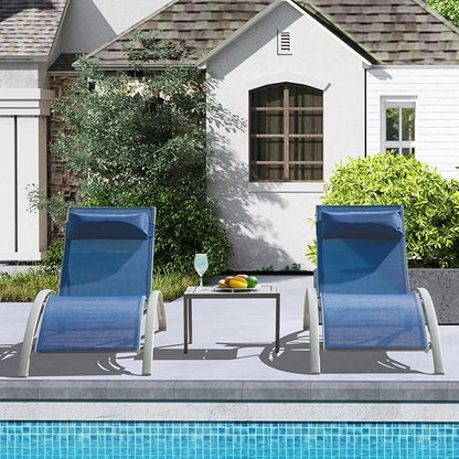 Outdoor Chaise Lounge Set of 3, Aluminum Patio Outdoor Lounge Chair for Beach Pool Sunbathing, Lawn Lounger Recliner Chair with 5 Adjustable Position, Outside Tanning Chairs with Armrest, Blue