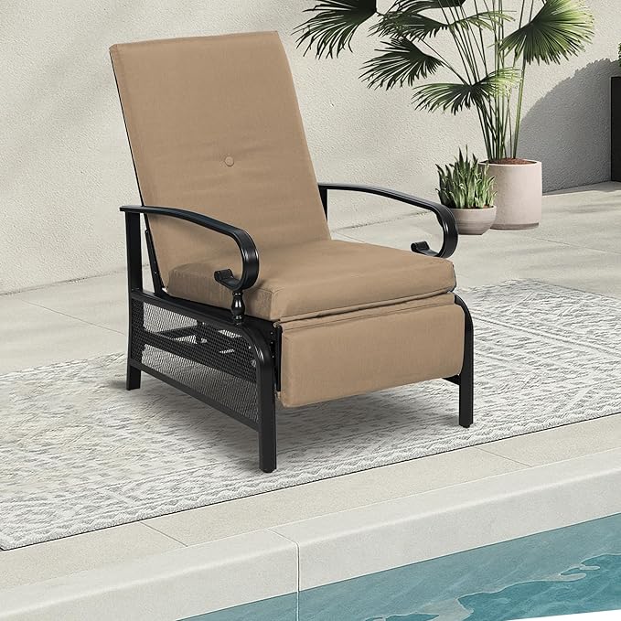 Incbruce Outdoor Lounge Chair Patio Furniture Adjustable Recliner with Retractable Steel Frame and Removable Thick Cushions - Brown