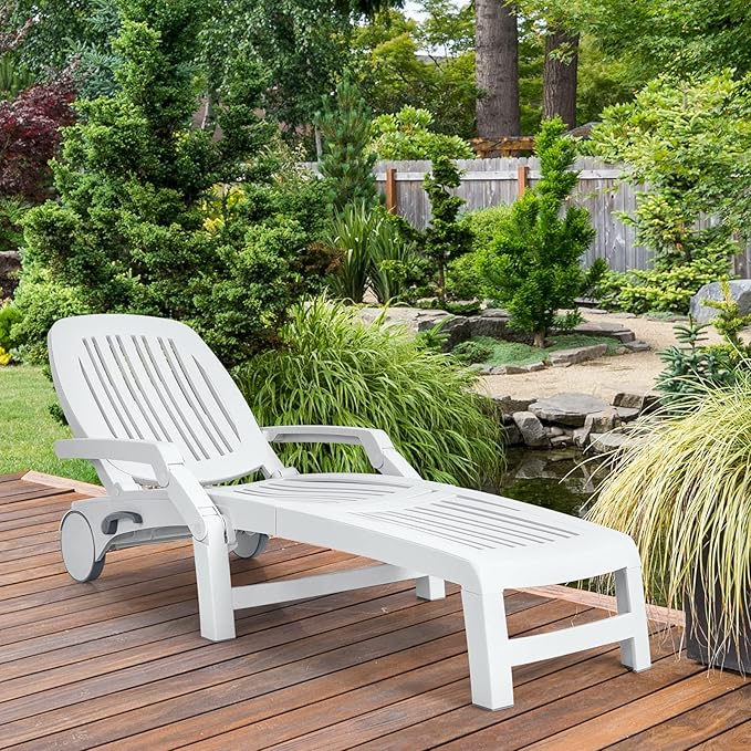 Tangkula Outdoor Chaise Lounge Chair, 5-Position Adjustable Recliner with Storage Box and Flexible Wheels, All-Weather Folding Patio Lounge Chair for Poolside, Beach and Backyard (2, White)