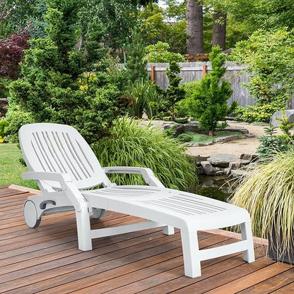 Tangkula Outdoor Chaise Lounge Chair, 5-Position Adjustable Recliner with Storage Box and Flexible Wheels, All-Weather Folding Patio Lounge Chair for Poolside, Beach and Backyard (2, White)
