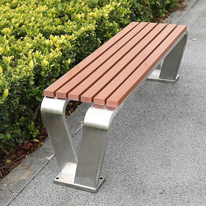 Outdoor Garden Bench, Metal Garden Bench, Stainless Steel and Wood-Look Finish, High Load Capacity, for Balcony, Pool, Lawn, Porch, Outside Brown 150cm/59.1in
