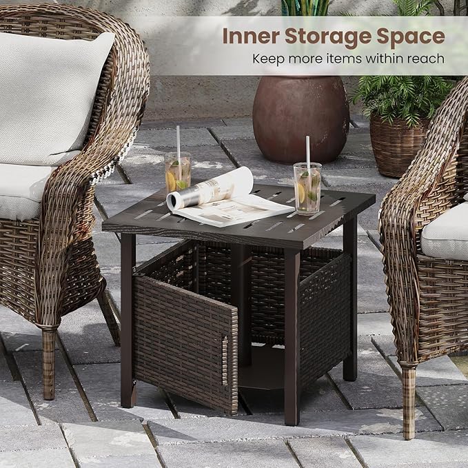 Tangkula Outdoor Table with Hole, Patio Umbrella Table with 2 Sand Bags, 1.93" Umbrella Hole, Metal Frame, PE Wicker, Outdoor Side Table for Garden, Deck and Poolside
