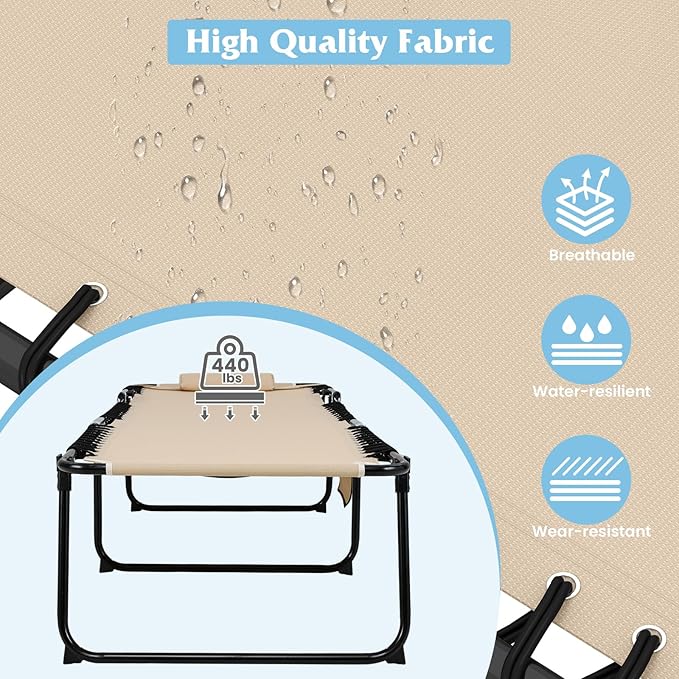 GYMAX Lounge Chair for Outside, 440lbs 27” Oversize Folding Beach Tanning Sunbath Chair with Adjustable Backrest & Removable Pillow, Lightweight Portable Patio Lounger for Lawn Poolside (Sand,2)