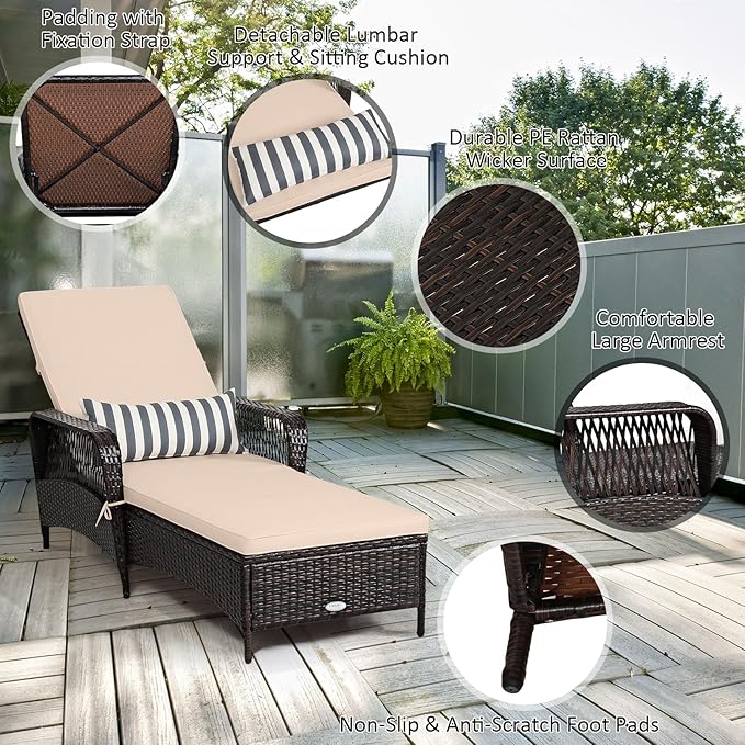 Tangkula Wicker Chaise Lounge Outdoor, Patio Rattan Reclining Chaise with 6-Gear Adjustable Backrest - Photo 7