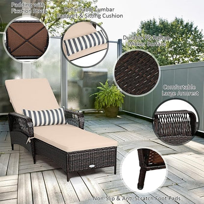 Tangkula Wicker Chaise Lounge Outdoor, Patio Rattan Reclining Chaise with 6-Gear Adjustable Backrest, Thick Padded Cushion & Removable Lumbar Pillow, Pool Lounge Chairs for Outside Balcony Backyard