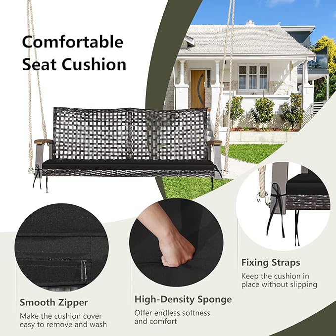 RELAX4LIFE 2-Seater Outdoor Porch Swing - PE Wicker Porch Loveseat Swing with 118” Hanging Ropes - Photo 3