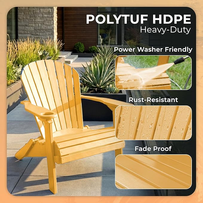 Ecommersify Folding Adirondack Chair with Cup Holder - (Cedar) - Heavy Duty Recycled Poly Lumber Folding Chair - Amish Crafted Outdoor Furniture - Made in USA